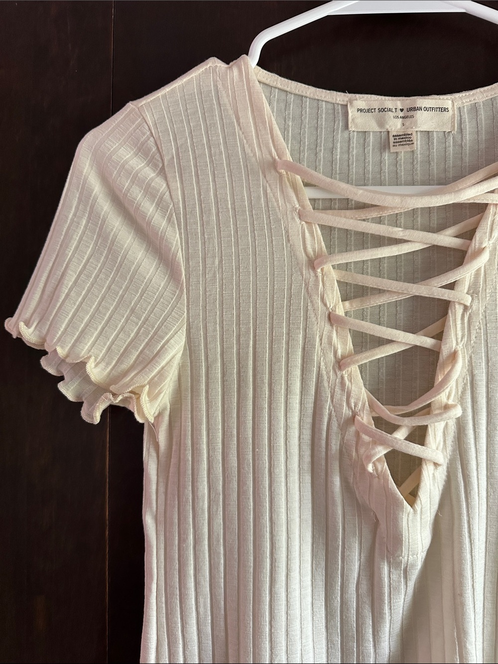 Project Social T Lace-Up Ribbed Short Sleeve Top - Ivory - Picture 4 of 7